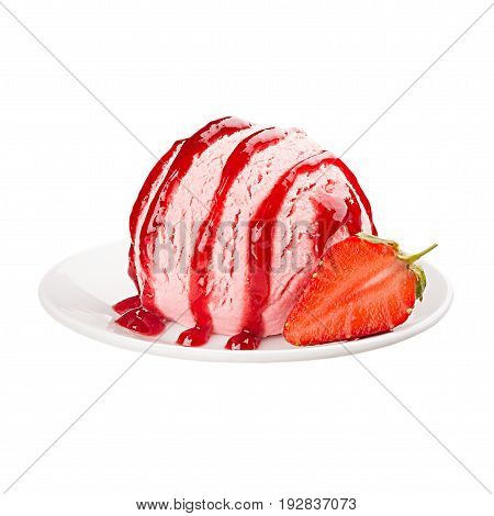Ice cream pink scoop on plate decorated jam strips and slice strawberry isolated on white background.