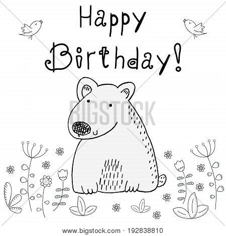 happy birthday with cute hand drawn bear. vector print.