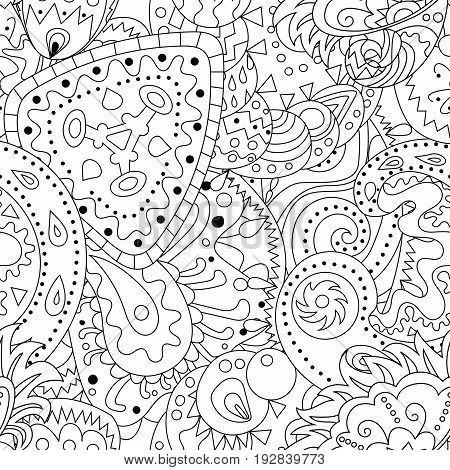 Antistress coloring page with zentangle elements. Seamless pattern with abstract ornaments. Coloring page for grown ups.