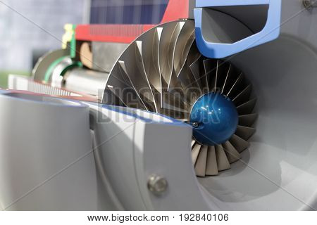 Close up impeller in side Indsustrial air blower cross section viewhigh technology equipment
