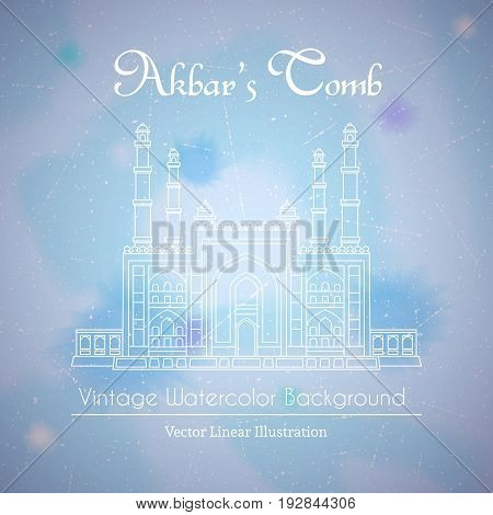 Akbars Tomb in India, Main Gate. Vector linear illustration on watercolor background