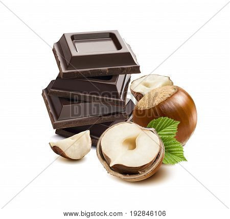 Hazelnut chocolate squares isolated on white background as package design element