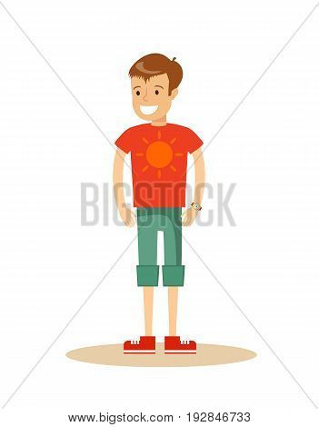 Full length portrait of teenaged brown haired Smiling boy in shorts and t-shirt , cartoon style vector illustration isolated on white background.