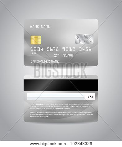 Realistic detailed credit cards set with colorful silver abstract design background. Silver card. Front and back side template. Money, payment symbol. Vector illustration EPS10