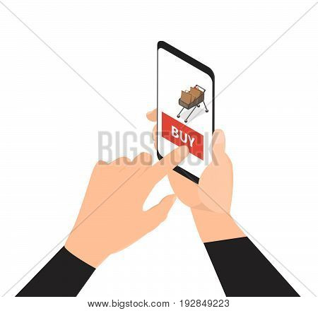 Shopping online vector concept. Man hand touching screen on modern digital smartphone. -stock vector
