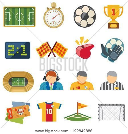 Football sports flat vector icons. Soccer game symbols. Football game team, trophy and ticket illustration