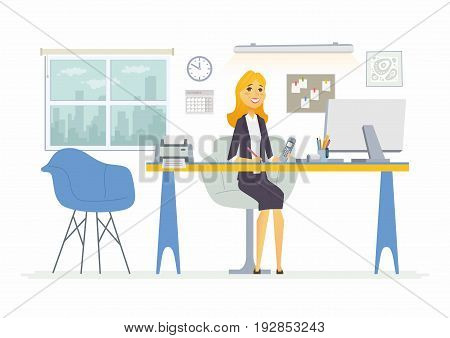 Office Woman- vector flat illustration of an employer, colleague, employee. A female worker cartoon character, desk, work station. Clock, notes, picture, chair, shelf, lights, computer, printer, window