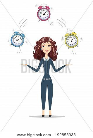 Businesswoman juggling with alarm clocks, symbolizing time management. Women in business holding Time. For use in presentations. Stock vector illustration