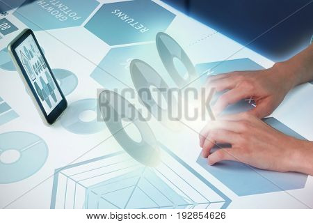 Hand typing on invisible keyboard against composite image of graph representations