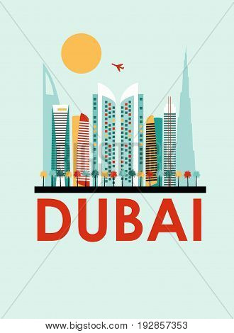 Dubai cartoon travel background in bright colors