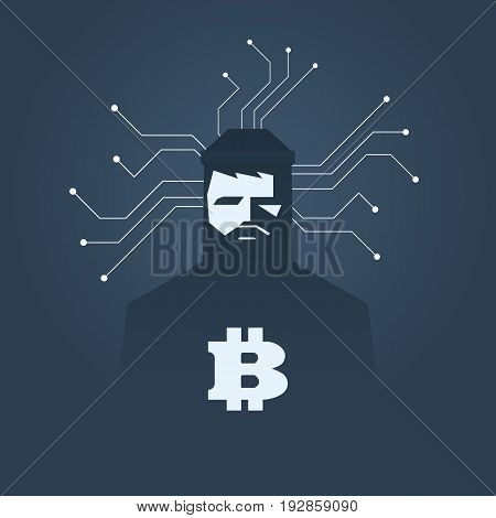 Computer hacker and ransomware vector concept. Criminal hacking, data theft and blackmailing symbol. Bitcoin digital currency sign. Eps10 vector illustration.