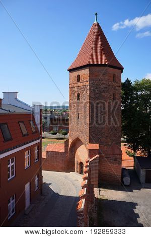 Gothic fortification tower in Lembork, Poland.     