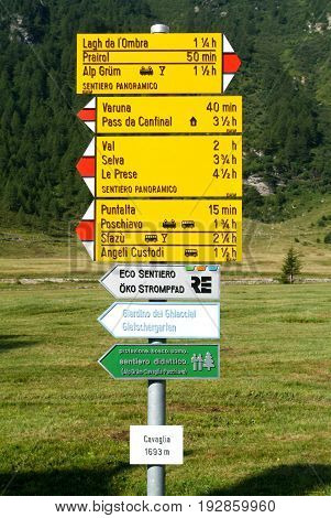 Cavaglia, Switzerland - 21 July 2015: Walkway indication of trail trekking at Cavaglia on the Swiss alps