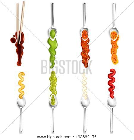 Colorful gourmet collection of isolated icons depicting different sauce with spoon and chopsticks in realistic style vector illustration