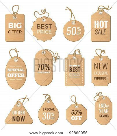 Discounts tags. Drop price and big sales. Vector pictures of labels set isolate. Special tag card for retail sale, price badge template illustration