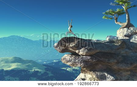 Young girl doing yoga exercises up the mountain. This is a 3d render illustration