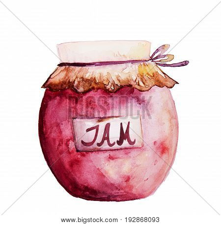 Beautiful Tasty Appetizing Jam Jar with Red Fruit Jam. Hand Drawn Watercolor. Illustration. Isolated.