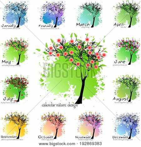 Calendar design with abstract seasonal tree and slogan for all months. Shape of tree for all seasons on colorful splashes and blots. Vector illustration