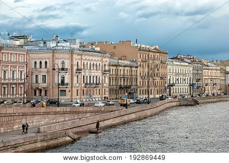 SAINT - PETERSBURG, RUSSIA - JUNE 26, 2017: View of The Kutuzov Embankment along the Neva River from The Liteyny Bridge. The embankment was named after  Prince Mikhail Kutuzov