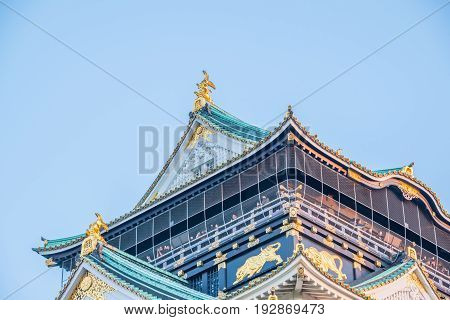 OsakaJapan - November 28 2015 : Detail of Osaka Castle The castle is one of Japan's most famous landmarks in Osaka Japan.