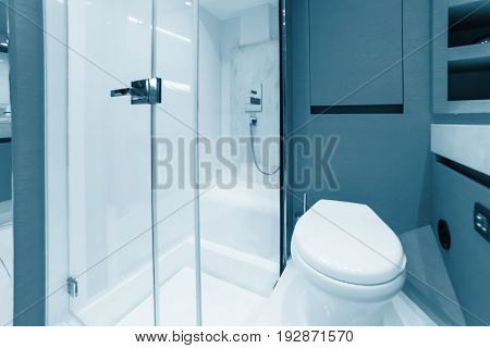 CANNES FRANCE - SEPTEMBER 9th 2015. View of a bathroom on a luxury yacht. Luxurious interior of a modern yacht. YACHTING FESTIVAL 2015 Cannes.