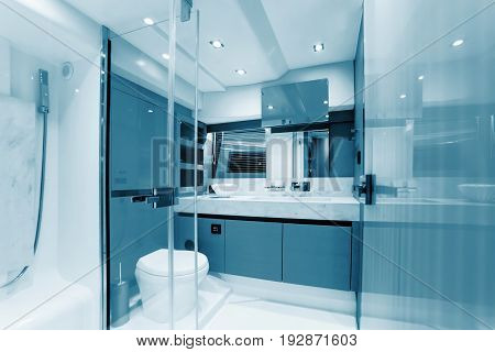CANNES FRANCE - SEPTEMBER 9th 2015. Luxurious interior of a modern yacht. YACHTING FESTIVAL 2015 Cannes. Blue colored.