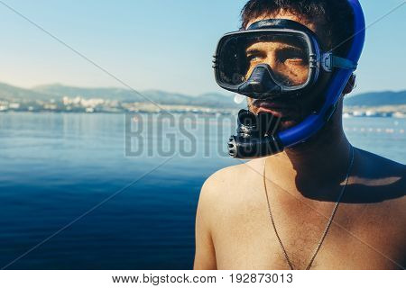 Diver With Mask For Diving And Snorkel At The Sea Shore. Tourism Travel Journey Freediving Concept