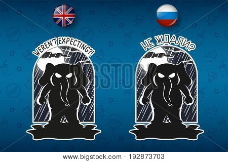 Elephant cute Nick. Big set of stickers in English and Russian languages. Vector, cartoon