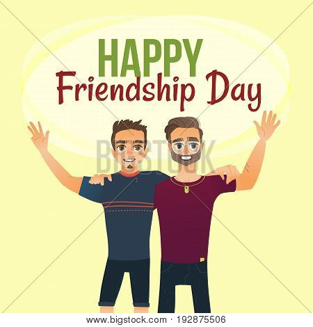 Happy friendship day greeting card design with two men, friends hugging each other, cartoon vector illustration on white background. Half length portrait of male friends, friendship day greeting card