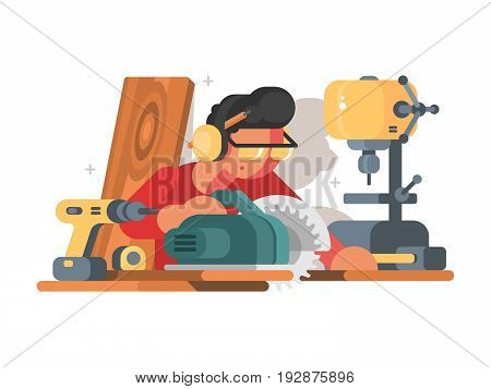 Woodworker man at workplace. Carpenter works with wood tool. Vector illustration