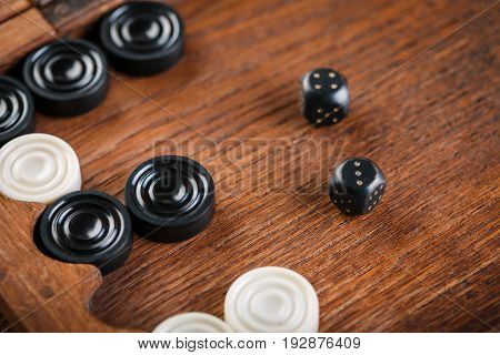 Backgammon. Game Field In A Backgammon With Cubes And Counters. Game Concept. Board Game. Hobby. Dic