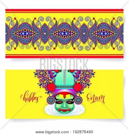 happy onam holiday horizontal greeting card banner design with indian kathakali dancer face, hand lettering text and stripe floral ornament, vector illustration