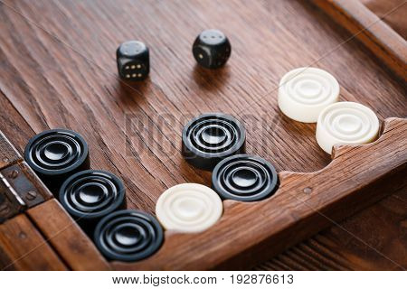 Backgammon. Game Field In A Backgammon With Cubes And Counters. Game Concept. Board Game. Hobby. Dic