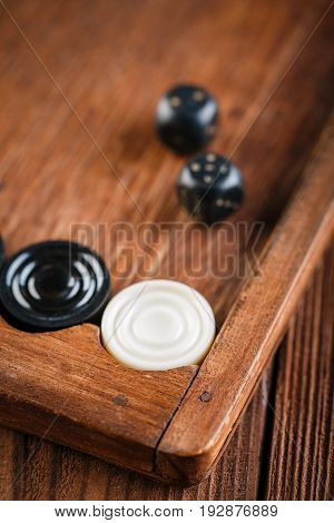 Backgammon. Game Field In A Backgammon With Cubes And Counters. Game Concept. Board Game. Hobby. Dic