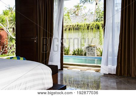 Bali Interior of luxury tropical bedroom Indonesia