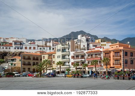Plaza de la Patrona, Candelaria central square view and Teide mountain at the background. Tenerife island, Spain