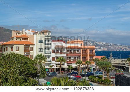Plaza de la Patrona, Candelaria old town central square aerial view. Tenerife island, Spain