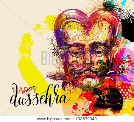 happy dussehra poster design with a portrait of a demon who will be destroyed by the god krishna, abstract painting vector illustration