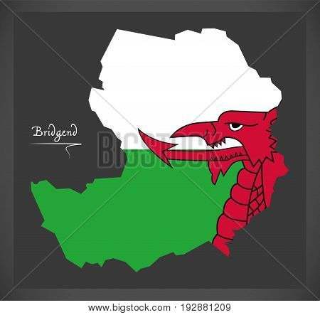 Bridgend Wales Map With Welsh National Flag Illustration