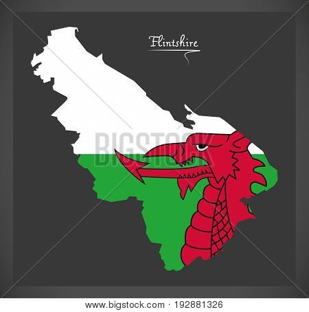 Flintshire Wales Map With Welsh National Flag Illustration