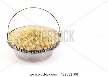 steamed rice in rare silver pial isolated on white background