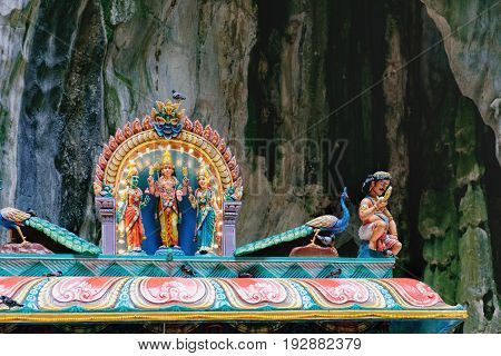 Indian Deity Statues decorating the Batu Caves from the outside Malaysia. The cave is one of the most popular Hindu shrines outside India