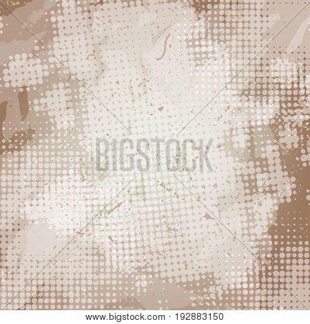 Vector vintage vivid scratched pattern with halftone dotts. Shabby beige background