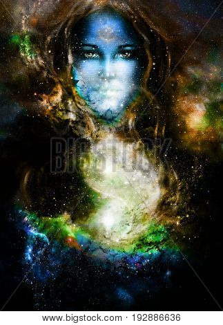 goddess woman and symbol Yin Yang in cosmic space