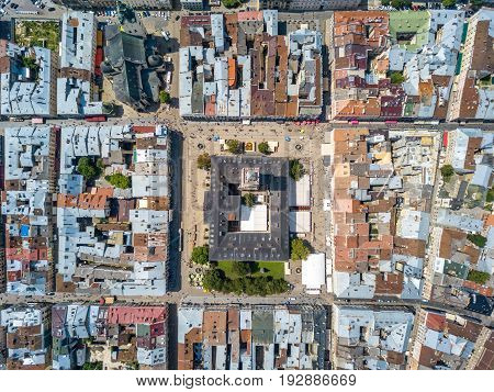 Snapshot of Lviv made by drones from the air. The nadir frame. June 2017. Square market, city center.