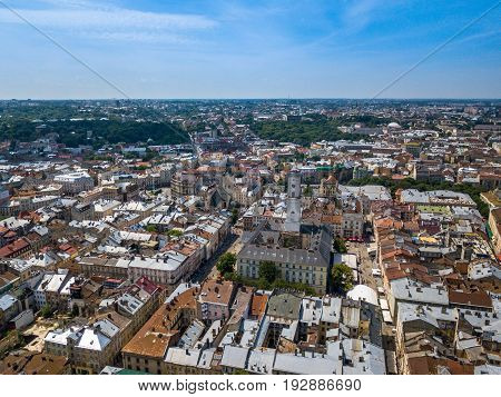 Snapshot of Lviv made by drones from the air. The nadir frame. June 2017. Square market, city center.