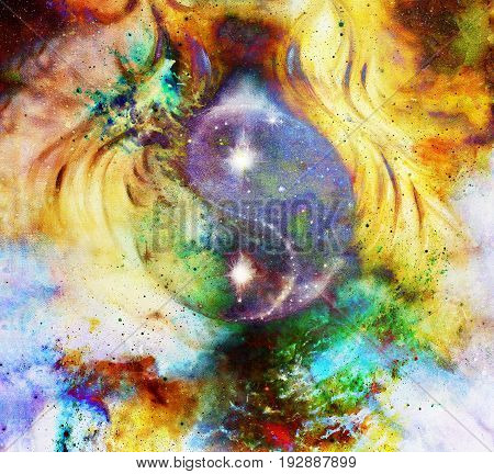 Yin Yang Symbol in cosmic space. Cosmic background. Fire effect