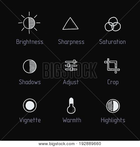 Picture editing icon set. Hand drawn art. Brightness, sharpness, saturation, adjust, crop, vignette, warmth. Line style.