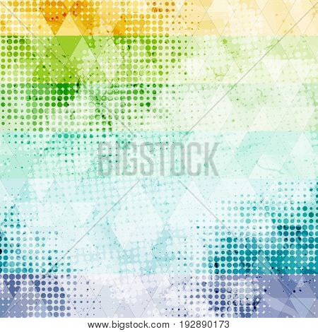Vector vintage vivid scratched pattern with halftone dotts and triangles. Shabby geometric background
