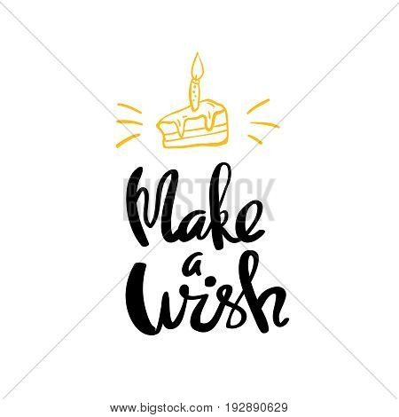 Happy birthday card sweet cake candle and triangle bunting flags with text make a wish flat